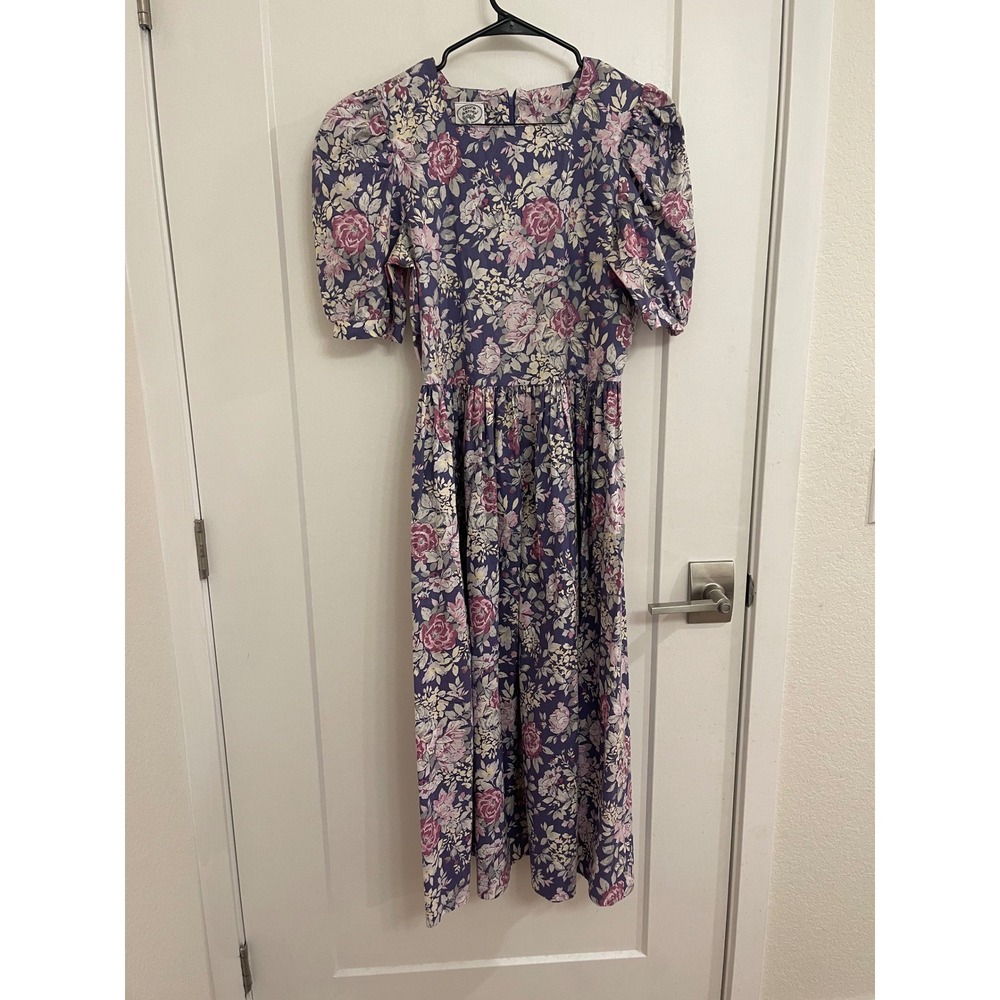 Vintage 80s Laura Ashley Purple Floral Midi Dress Square Neckline